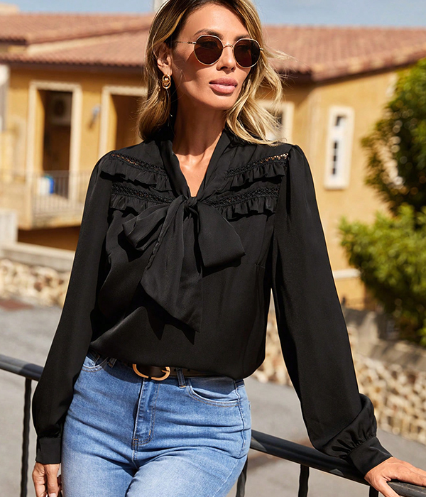 Tie Neck Lace Yoke Lantern Sleeve Top