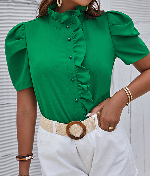 Puff Sleeve Ruffle Trim Blouse