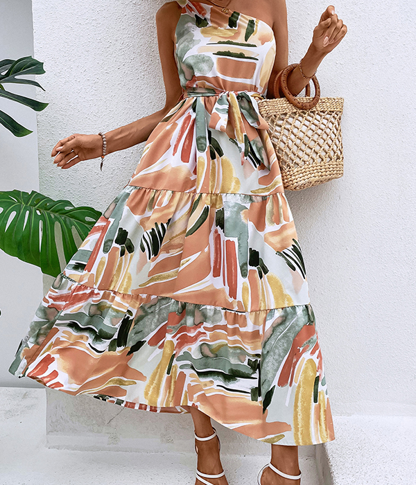 Brush Print Belted Ruffle Hem Dress